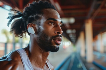 Poster - Fitness enthusiast engaging in a rigorous workout while using wireless sports headphones - which are designed with sweat resistance and a secure fit to accommodate active movement.