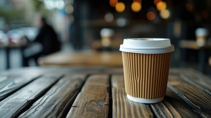 Poster - A coffee cup sitting on top of a wooden table. Perfect for coffee shop or cafe related designs