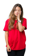 Sticker - Young beautiful brunette woman wearing red t-shirt over isolated background thinking looking tired and bored with depression problems with crossed arms.