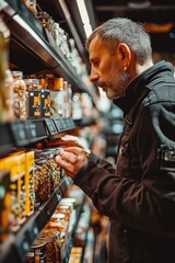 Poster - A man standing in a store, examining the different food items displayed on a shelf. Suitable for illustrating grocery shopping, healthy eating, or consumer choices