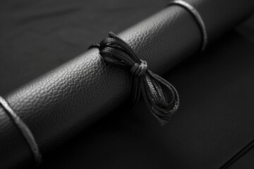 Aufkleber - A roll of black leather with a string tied to it. Can be used for various purposes
