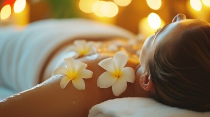Poster - Woman getting a relaxing back massage at a spa. Perfect for promoting wellness and self-care