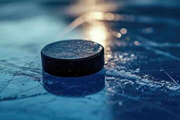 Sticker - A hockey puck sitting on top of a frozen surface. Perfect for sports-themed designs and winter sport concepts