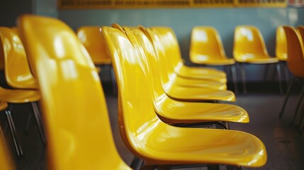 Poster - A row of yellow chairs in a classroom. Suitable for educational and school-related projects