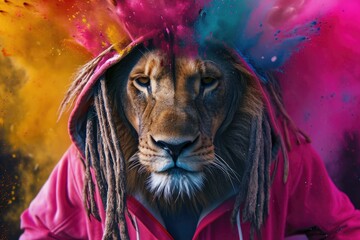 Poster - A lion with unique dreadlocks wearing a stylish pink jacket. Perfect for adding a touch of fun and personality to any project