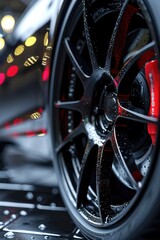 Poster - Close up view of a car tire on a street. Ideal for automotive industry and transportation-related projects