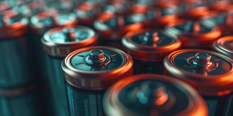 Poster - A close-up view of a bunch of batteries. Can be used to illustrate power, energy, or the concept of charging