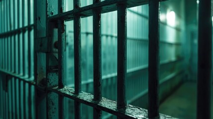 Poster - A jail cell with an open door in a dark room. Can be used to depict incarceration, crime, or freedom.