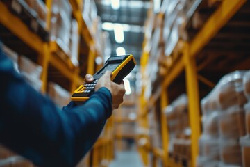 Aufkleber - A person is seen holding a handheld device in a warehouse. This image can be used to depict technology usage in a warehouse setting