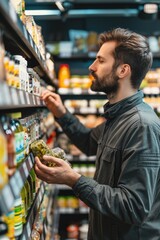 Poster - A man is pictured shopping in a grocery store. This image can be used to showcase everyday activities and consumer behavior