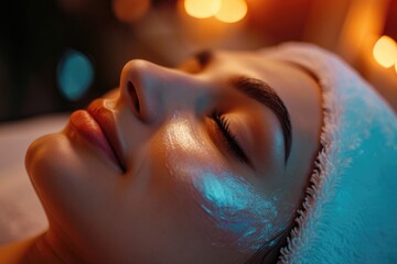 Poster - A close up of a woman with a towel wrapped around her head. Perfect for beauty and self-care related content