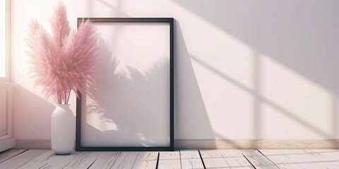Poster - A picture frame sitting next to a vase with a pink flower. Can be used as a decorative element or for showcasing memories