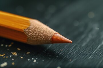 Poster - A detailed view of a pencil resting on a table. Perfect for illustrating office supplies or creative workspaces