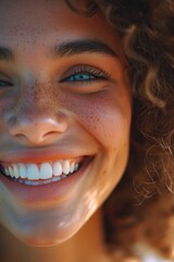 Canvas Print - A close up view of a woman's face with freckles. This image can be used in various contexts