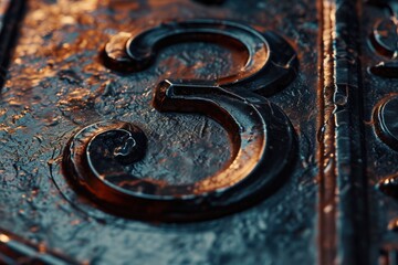 Poster - A close up view of a number on a door. This image can be used to represent house numbering, address identification, or apartment complexes