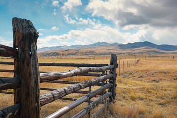 Poster - A picturesque wooden fence stands in a field with majestic mountains in the background. Perfect for nature enthusiasts and landscape lovers
