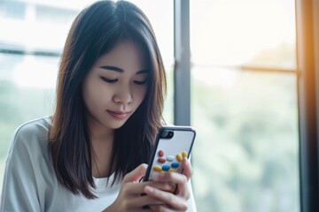 Aufkleber - A woman is looking at her cell phone. This image can be used to illustrate technology, communication, or social media