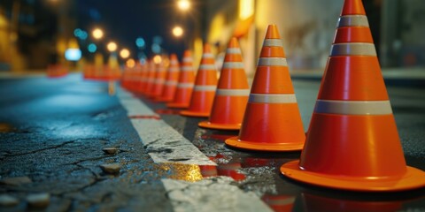 Poster - A row of orange traffic cones sitting on the side of a road. Can be used to depict road construction, traffic control, or safety precautions