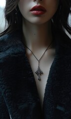 Poster - Woman praying with a Catholic cross in her hands, praying for salvation to Jesus Christ, jewelry in the form of crosses on her hands and body