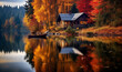 © pijav4uk - Wooden house with panoramic teraces against background of autumn forest. Cozy home exterior on lakeshore with boat. Lonely old house on the side of lake