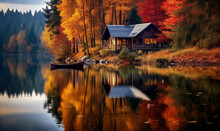 Wooden House With Panoramic Teraces Against Background Of Autumn Forest. Cozy Home Exterior On Lakeshore With Boat. Lonely Old House On The Side Of Lake