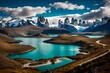 Beautiful Patagonia landscape of Andes mountain range, winding road and lake at Torres del Paine National Park