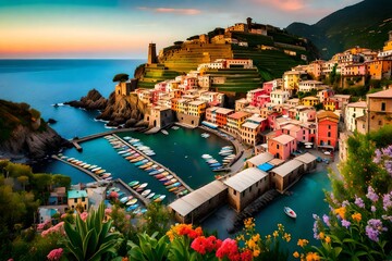 Wall Mural - Colorful landscape view of Vernazza village and harbor aerial view on beautiful sunset and flowers in Cinque Terre, Ligury, Italy. Seascape in Five lands in Cinque Terre National Park