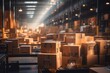 Logistics Mastery: E-commerce Fulfillment with a Warehouse Featuring Efficient Physical Storage, Boxes Packed on Shelves, and Automated Technology for Streamlined Order Processing.