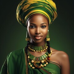 Wall Mural - Black girl in traditional jewelry, green outfit and turban. Celebrating Black History Month!