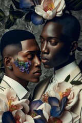 Wall Mural - Two black men with flowers in white suits, close together. Celebrating Black History Month!