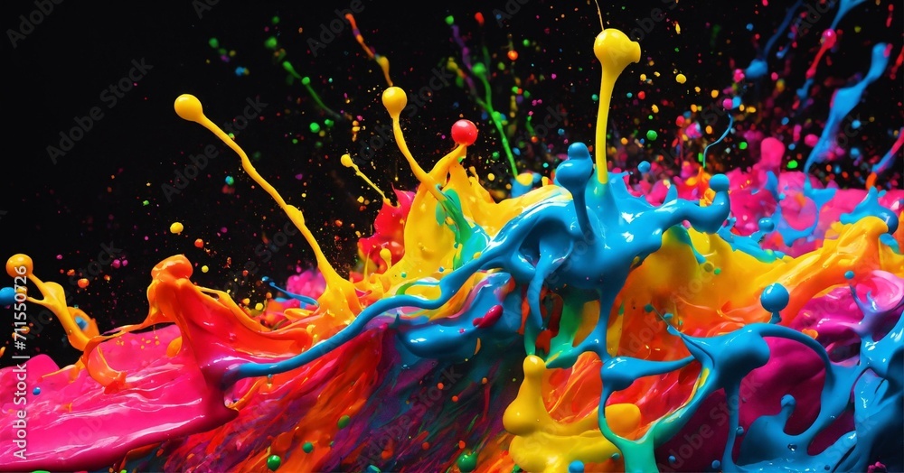 rainbow neon paint color splashes on a flat black background, vibrant ...
