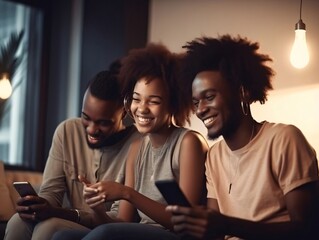 Wall Mural - Three friends, black people smiling in a room, spending time together, holding smartphones in their hands. Celebrating Black History Month!