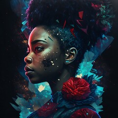 Wall Mural - Artistic image. Side view of bust of black woman on dark background decorated with red roses. Celebrating Black History Month!
