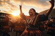 Sunset Rhythms in Quito: Cultural Heritage as Happy Women, Adorned in Local Costume, Gracefully Perform Traditional Dance at Sunset in Ecuador	

