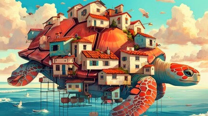 Wall Mural - A painting of a turtle with a house on its back.