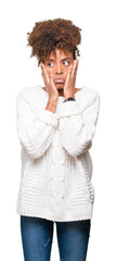 Poster - Beautiful young african american woman wearing winter sweater over isolated background Tired hands covering face, depression and sadness, upset and irritated for problem