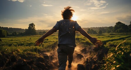 As the sun sets behind him, a hiker stands in a golden field, surrounded by tall crops and nature's beauty, feeling free and alive in the great outdoors