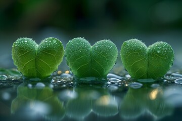 Wall Mural - Green nature hearts, saint valentine's day illustration, bokeh blurred background. Generative AI
