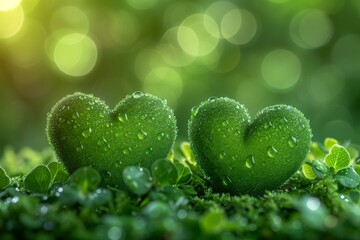 Wall Mural - Green nature hearts, saint valentine's day illustration, bokeh blurred background. Generative AI
