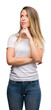 © Krakenimages.com - Beautiful young woman wearing t-shirt and jeans serious face thinking about question, very confused idea