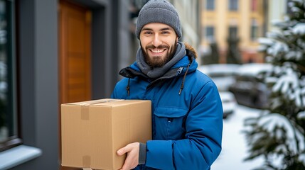 Professional delivery courier in blue uniform delivering cardboard box to customer s doorstep