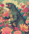 Godzilla mit Blumen - Zeichnung Kunst