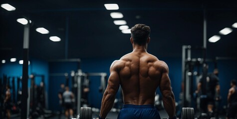 Rear view of a muscular bodybuilder doing hard training with dumbbell. He is pumping up his shoulders muscle with heavy weight.