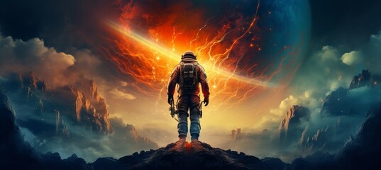 Poster - Exploring the cosmos  astronaut on the moon with earth in the distant space background
