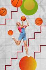 Wall Mural - Vertical collage picture of impressed girl arms hold throw basketball isolated on painted checkered paper background