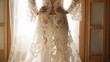 Exquisite floral patterns intricately woven into the delicate lacework of a vintage wedding gown