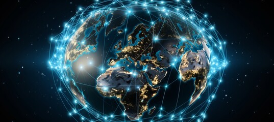 Poster - Interconnected global communication lines on a globe representing instant online connections
