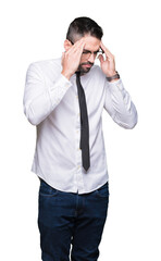 Wall Mural - Young handsome business man wearing glasses over isolated background with hand on head for pain in head because stress. Suffering migraine.