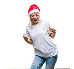 Poster - Young beautiful blonde woman wearing christmas hat over isolated background very happy and excited doing winner gesture with arms raised, smiling and screaming for success. Celebration concept.