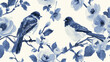 Antique oregon reversal blue white bird wallpaper in vintage styles, in the style of lewis morley, nostalgic illustration, realistic watercolor paintings, mughal art, monochrome canvases.